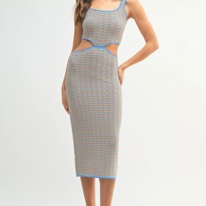 Multi Color Chevron Knit Bodycon Midi Dress - Aqua