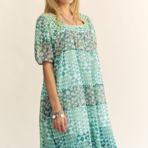 Multi Floral Square Neck Puff Sleeve Maxi Dress - Aqua Green