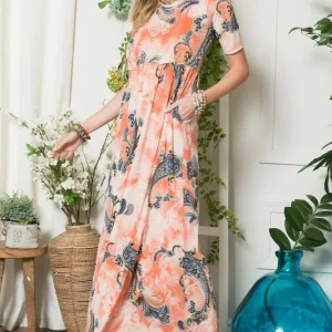 Paisley Print Short Sleeve Maxi Dress with Pockets -  Orange Paisley