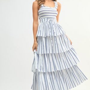 Pin Stripe Smocked Bodice Layered Midi Dress - Off White