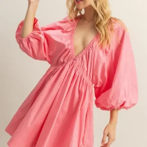 Plunge Balloon Sleeve Poplin Mini Dress with Pockets - Coral