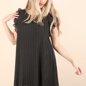 Plus Size Ruffle Sleeve Pleated Woven Mini Dress - Black