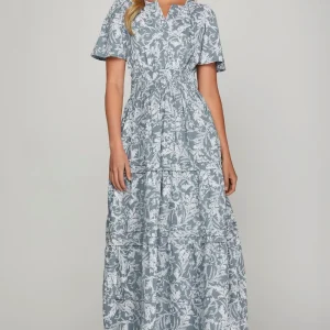Printed Notched Woven Tiered Pintuck Maxi Dress with Side Pockets - Air Force Blue