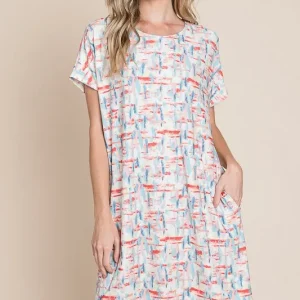 Printed Round Neck Short Sleeve Tee Dress - Red