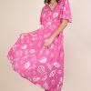 Printed V-Neck Resort Midi Dress - Pink