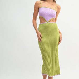 Ribbed Knit Color Block Cutout Midi Dress - Lime