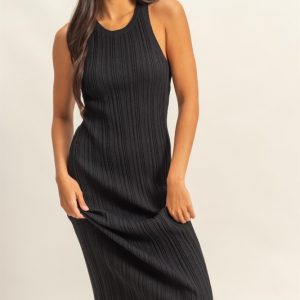 Round Neck Bodycon Ribbed Knit Dress - Black