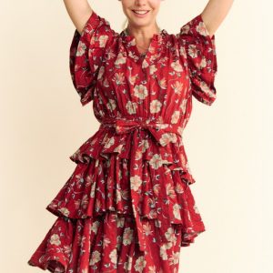 Ruffle Flutter Sleeve Tie Belt Tiered Mini Dress - Orange Rust