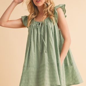 Ruffled Cap Sleeve Cotton Tunic Mini Dress - Pistachio