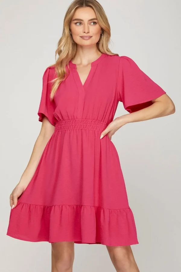 Ruffled Hem Notched Flutter Sleeve Mini Dress - Strawberry