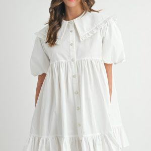 Ruffled Hem Peter Pan Collar Button Down Mini Dress - Off White