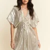 Sequin Plunge Neck Knot Cut Out Tie Back Party Dress -    Natural