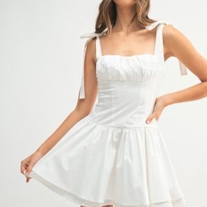 Shoulder Tie Corset Panel Mini Dress - Off White