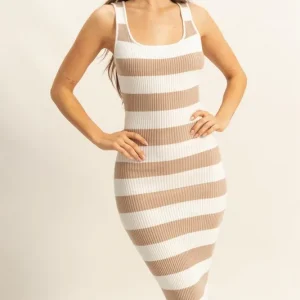 Striped Scoop Neck Wide Strap Knit Dress - Tan