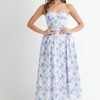 Sweetheart Neckline Floral Printed Midi Dress - Blue