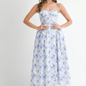 Sweetheart Neckline Floral Printed Midi Dress - Blue
