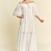 Swiss Dotted Ruched Ruffle Open Back Midi Dress - Cream Beige