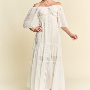 Swiss Dotted Ruched Ruffle Open Back Midi Dress - Cream Beige