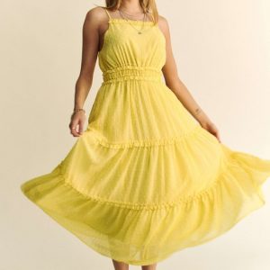 Texture Swiss Dot Ruffle Square Neck Midi Dress - Lemon