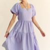 Textured Fabric Short Puff Sleeve Midi Dress - Lavender