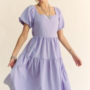 Textured Fabric Short Puff Sleeve Midi Dress - Lavender