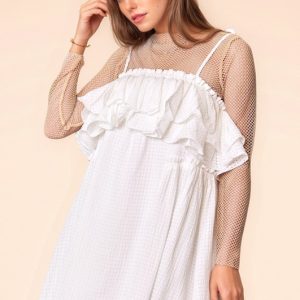 Textured Jacquard Checker Fabric Ruffled Dress - White