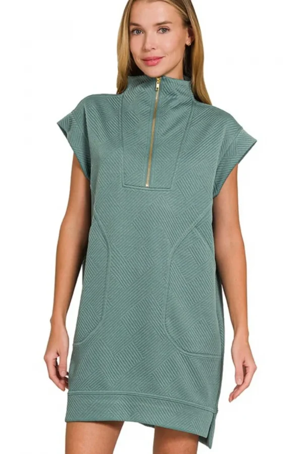 Textured Knit Jacquard Quarter Zipper Mini Dress - Ash Jade