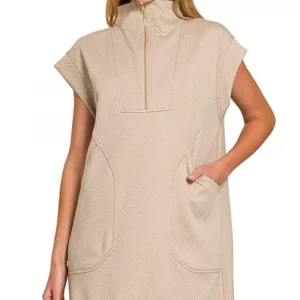 Textured Knit Jacquard Quarter Zipper Mini Dress - Ash Mocha