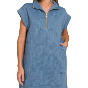 Textured Knit Jacquard Quarter Zipper Mini Dress - Dusty Blue