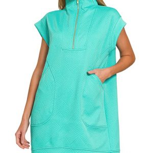 Textured Knit Jacquard Quarter Zipper Mini Dress - Turquoise