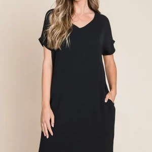 V-Neck Short Sleeve Dress with Pockets - Black