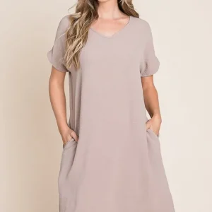 V-Neck Short Sleeve Dress with Pockets - Dust Storm