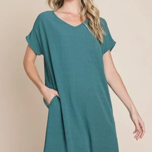 V-Neck Short Sleeve Dress with Pockets - Teal