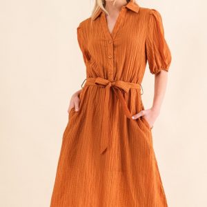 Waffle Textured Ribbon Waist Midi Dress - Caramel