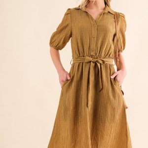 Waffle Textured Ribbon Waist Midi Dress - Dk Hemp