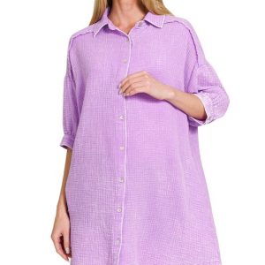 Washed Double Gauze Button Down Shirt Dress - B Lavender