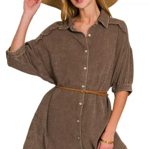 Washed Double Gauze Button Down Shirt Dress - Brown