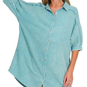 Washed Double Gauze Button Down Shirt Dress - Dusty Teal