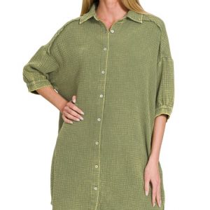 Washed Double Gauze Button Down Shirt Dress - Lt Olive