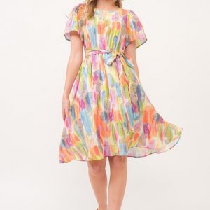 Watercolor Print Tie Front Midi Dress - Orange Combo