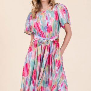Watercolor Print Tie Front Midi Dress - Pink Combo
