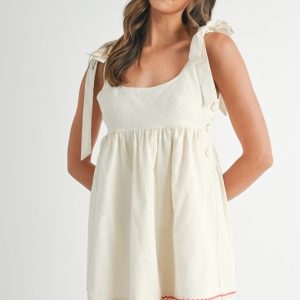 Zig Zag Embroidered Shoulder Tie Mini Dress - Cream