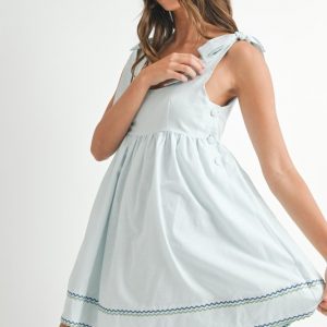 Zig Zag Embroidered Shoulder Tie Mini Dress - Lt Blue